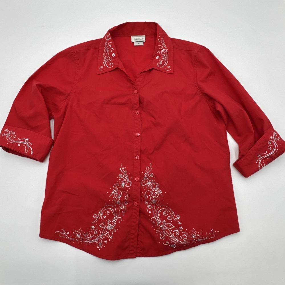 Vintage Distinct Ladies Red Sparkle Jeweled Top Button Up Shirt Size Small